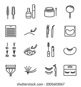 Collection of linear false eyelashes icon vector illustration. Set of 1D, 2D, 3D, 4D volume eyelash with accessories lash curler, tweezers, mascara wand isolated. Makeup tools for cilia curly build up