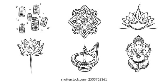 Collection of linear hand drawn holiday objects for Diwali (Deepavali, Dipavali - Hindu Festival of lights) - paper lanterns (kandeels), oil lamps (Diya), lotus flowers, Lord Ganesha, Mandala Rangoli