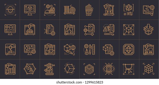 Collection of linear icons, 3D printing and 3D modeling. Suitable for presentation, mobile apps, website, interfaces and print