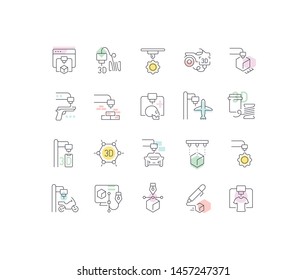 Collection linear icons of 3d printing.