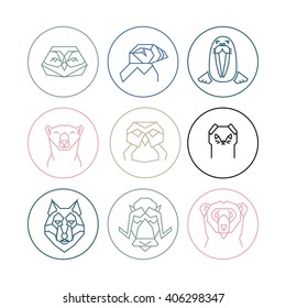 Collection of linear icons of arctic animals heads in colored circles.