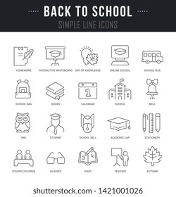 Collection linear icons of back to school with names.