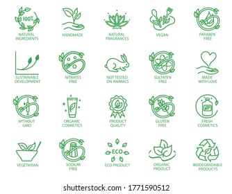 Collection of linear icons or badges for eco friendly products, organic cosmetics, vegan and vegetarian food isolated on white background. Vector illustration in line art style.