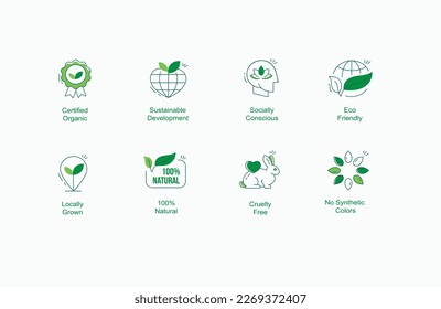 Colección de íconos o insignias lineales para productos ecológicos, cosméticos orgánicos, comida vegetariana y vegetariana aislados en fondo blanco. Iconos vectores en el estilo de arte de línea.