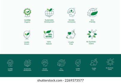 Collection of linear icons or badges for eco-friendly products, organic cosmetics,vegan and vegetarian food isolated on white background. Vector icons in line art style.