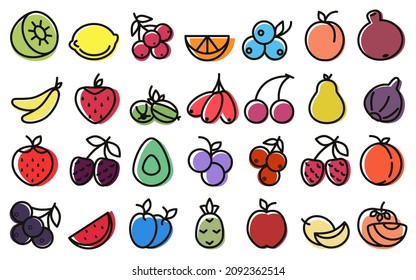 Colección de íconos lineales de bayas y frutas. Estilo plano. Doodle. Vector. Comida. Se puede utilizar para el collage, como pegatina, icono para el diseño web.