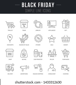 Collection linear icons of black friday with names. 