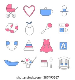 Collection of linear icons with blue and pink fill colors. Items for newborn baby.