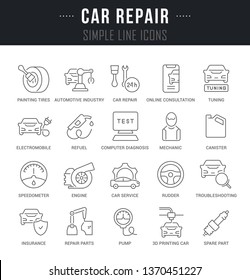 Collection linear icons of car repair with names. 