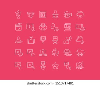 Collection of linear icons of cinema business on a colorful background 
