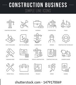 Collection linear icons of construction business with names.