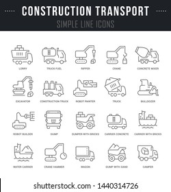 Collection linear icons of construction transport with names. 