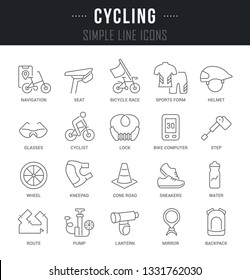 Collection linear icons of cycling with names. 