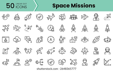 Uma coleção de ícones lineares representando vários elementos relacionados às missões espaciais, incluindo foguetes, astronautas e mecânica orbital, em um design minimalista.