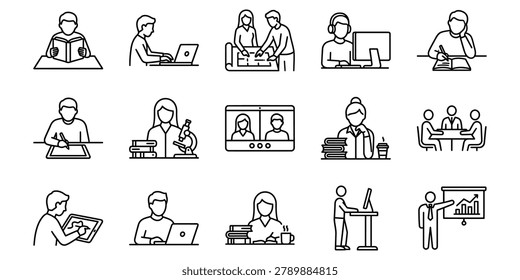 Collection of linear icons depicting various educational settings, professional training, and workplace activities for presentations and digital content.
