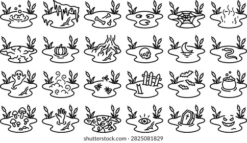 A collection of linear icons depicting various spooky and mysterious swamp or marsh environments with Halloween elements.