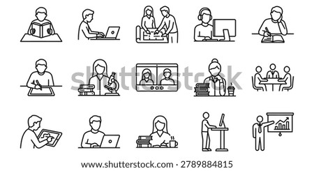 Collection of linear icons depicting various educational settings, professional training, and workplace activities for presentations and digital content.