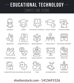 Collection linear icons of educational technology with names. 