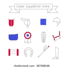Collection of linear icons of equipment for equestrian sport.