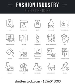 Collection linear icons of fashion industry with names 