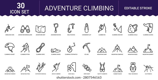 Collection of linear icons featuring climbing gear, hiking equipment, mountain exploration tools.