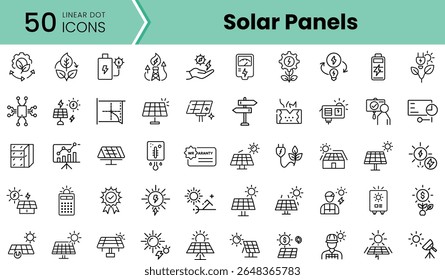 A collection of linear icons featuring solar panels, energy symbols, and sustainability themes, showcasing innovative concepts in renewable energy and eco-friendly design.