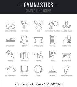 Collection linear icons of gymnastics with names. 