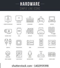 Collection linear icons of hardware with names.