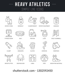 Collection of linear icons of heavy athletics with names.
