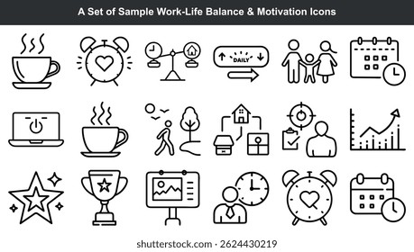 Collection of linear icons illustrating work-life balance and motivation concepts
