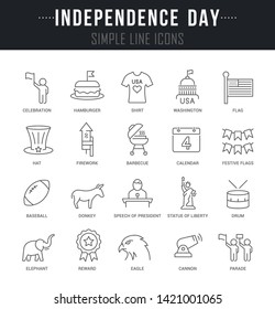 Collection linear icons of independence day with names.