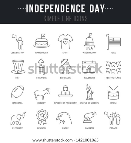 Collection linear icons of independence day with names.