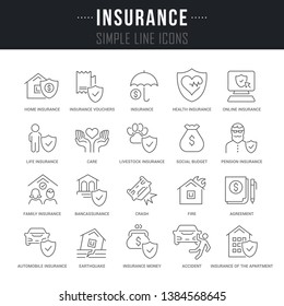Collection linear icons of insurance with names. Collection linear icons of insurance with names.