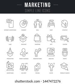Collection linear icons of marketing with names.
