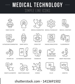 Collection linear icons of medical technology with names.