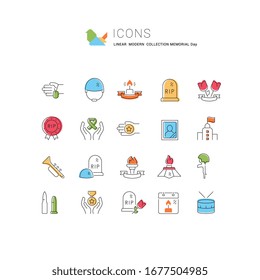 Collection linear icons of memorial day with names. 