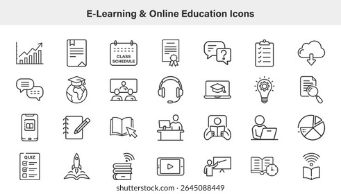 Coleção de ícones lineares representando e-learning e educação. Defina ferramentas digitais de apresentação, auxílios de estudo e ilustrações conceituais em um fundo branco.