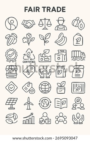 Collection of Linear Icons Representing Fair Trade, Ethical Business Practices, Sustainability, and Socially Responsible Commerce.