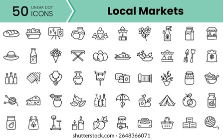 A collection of linear icons representing local markets, including fruits, vegetables, and various goods, showcasing a vibrant community atmosphere.