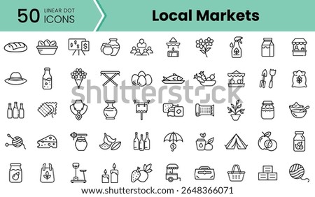 A collection of linear icons representing local markets, including fruits, vegetables, and various goods, showcasing a vibrant community atmosphere.