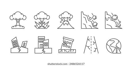 Collection Of Linear Icons Representing Natural Disasters As Earthquake, Volcanic Eruption Nuclear Explosion, Landslide