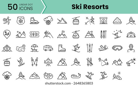 A collection of linear icons representing ski resorts, showcasing activities, amenities, and equipment in a simple, modern style, perfect for winter sports themes.