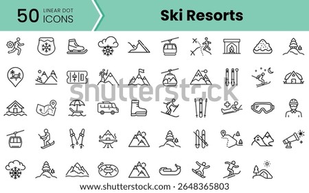 A collection of linear icons representing ski resorts, showcasing activities, amenities, and equipment in a simple, modern style, perfect for winter sports themes.