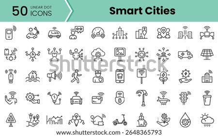 A collection of linear icons representing smart city concepts, including transportation, technology, and sustainability features.