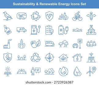 Uma coleção de ícones lineares que representam a sustentabilidade e a energia renovável, incluindo transportes ecológicos, símbolos de reciclagem e fontes de energia alternativas. Perfeito para ilustrar conceitos ambientais.