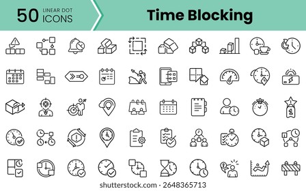A collection of linear icons representing time blocking techniques for productivity, featuring clocks, calendars, and planning tools in a minimalist design.