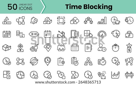 A collection of linear icons representing time blocking techniques for productivity, featuring clocks, calendars, and planning tools in a minimalist design.