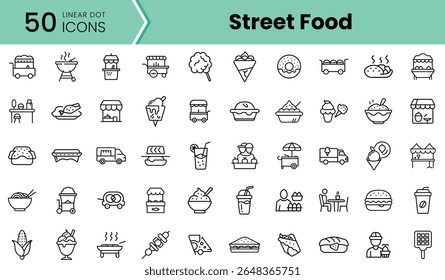 Uma coleção de ícones lineares representando vários itens de comida de rua, mostrando desenhos coloridos de carrinhos, pratos e bebidas em um estilo divertido e brincalhão.