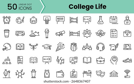 A collection of linear icons representing various aspects of college life, featuring elements like books, alarms, schedules, and graduation motifs.