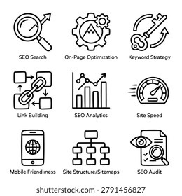 Collection of linear icons representing various aspects of search engine optimization and digital marketing strategies for online business.